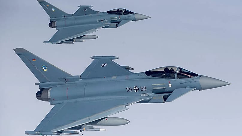 File - German Eurofighter Typhoon fighter aircraft on the NATO air surveillance mission in the Baltic States, 25 April 2017