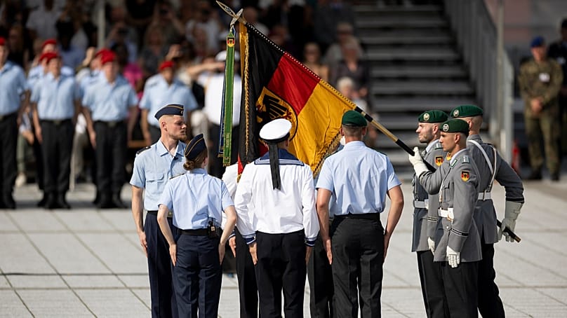 Recruitstake their oath of service on behalf of their comrades during the 2025 ceremonial oath-taking ceremony at the Ministry of Defence in Berlin, 20 July 2025