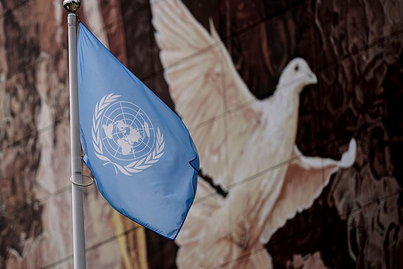 The flag of the International Atomic Energy Agency (IAEA) waves near a mural in Vienna, 23 June 2025