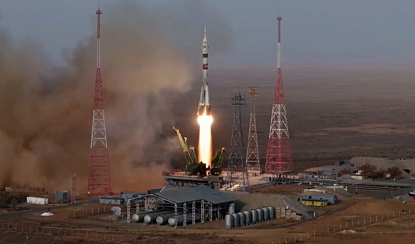 Launch of a Russian Soyuz rocket with a new ISS crew in Kazakhstan, November 2025.