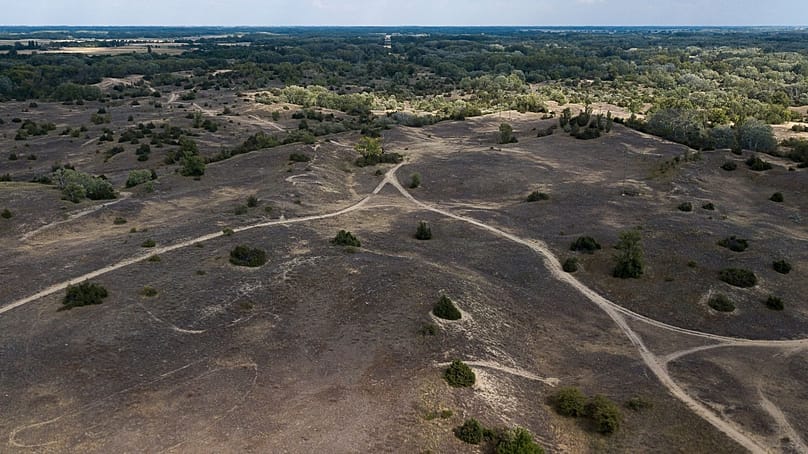 Hills of sandy terrain are visible in the Kiskunsag region of Hungary, 30 July 2025.