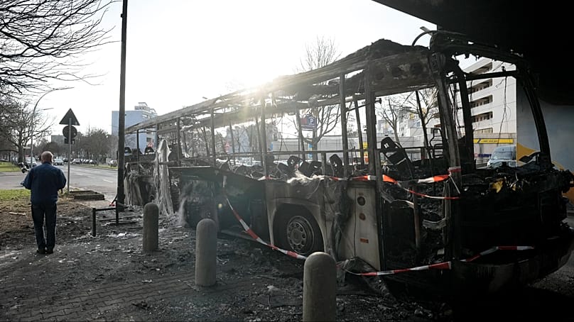 A burnt-out bus in Neukölln in Berlin, 3 January 2023