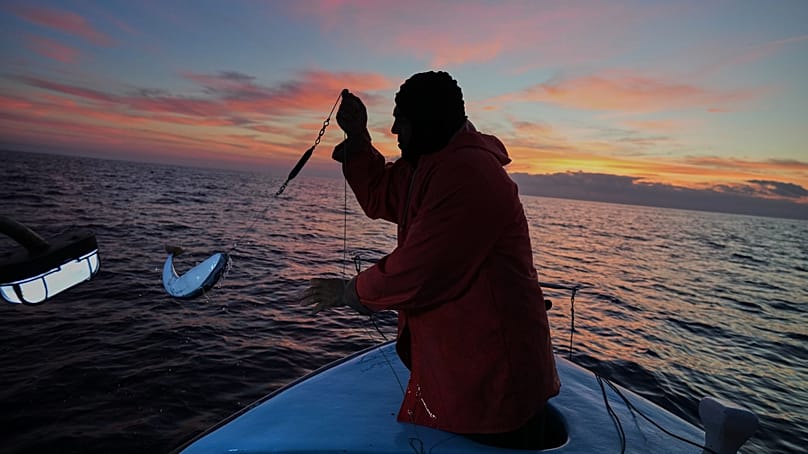 Fisherman Photis Gaitanos catches a toadfish while fishing from his boat off the coast of Larnaca, Cyprus, in the eastern Mediterranean, early Saturday, Dec. 20, 2025.