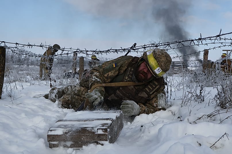 Recruits perform drills at a training ground in the Zaporizhzhia region, 1 January, 2026