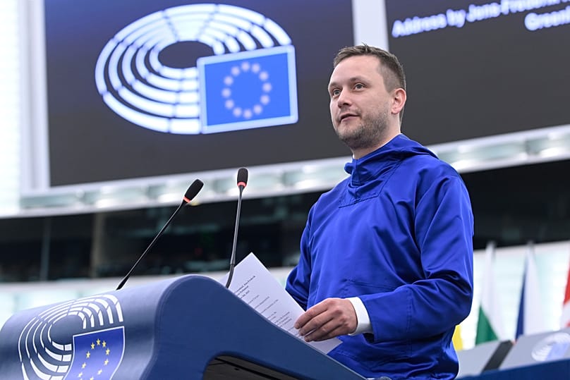 Prime Minister of Greenland Jens-Frederik Nielsen delivers a speech at the European Parliament in Strasbourg, 8 October, 2025