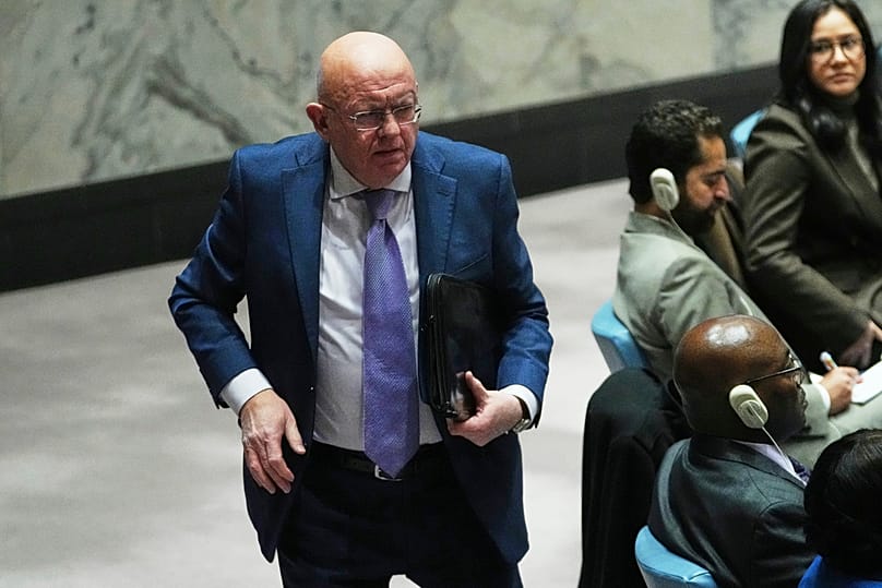 Russia's UN Ambassador Vasily Nebenzya leaves after addressing the Security Council Monday, Jan. 5, 2026 at UN headquarters