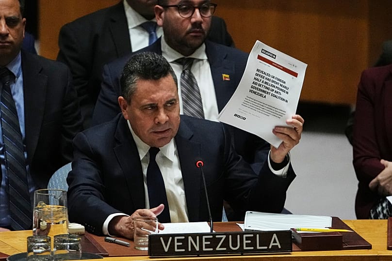 Venezuela's UN Ambassador Samuel Moncada speaks during a meeting of the Security Council Monday, Jan. 5, 2026 at UN headquarters