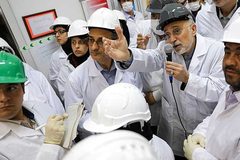 FILE - In this 4 November 2019 photo from the Atomic Energy Organization of Iran, Ali Akbar Salehi speaks with media while visiting Natanz enrichment facility, in central Iran