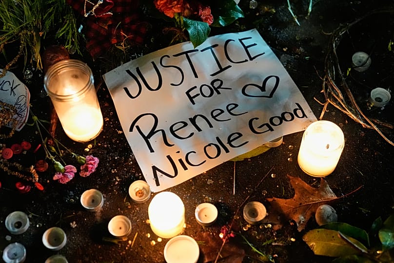 A sign for Renee Good, who was fatally shot by an ICE agent in Minneapolis, on the ground outside the US Immigration and Customs Enforcement facility in Portland. Jan 9, 2026.