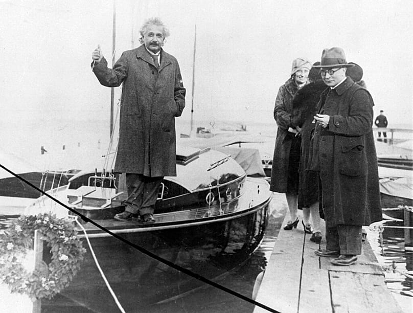 FILE: Prof Albert Einstein poses with sailboat presented to him for his 50th birthday by Berliner Handelgesellschs Ftm, a German bank, June 1929