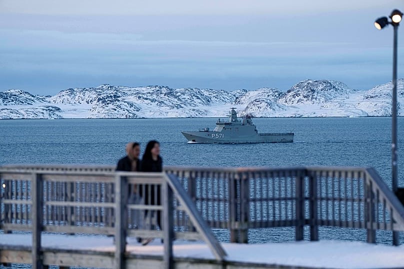 Military vessel HDMS Ejnar Mikkelsen of the Royal Danish Navy patrols near Nuuk, Greenland, on Thursday, Jan. 15, 2026