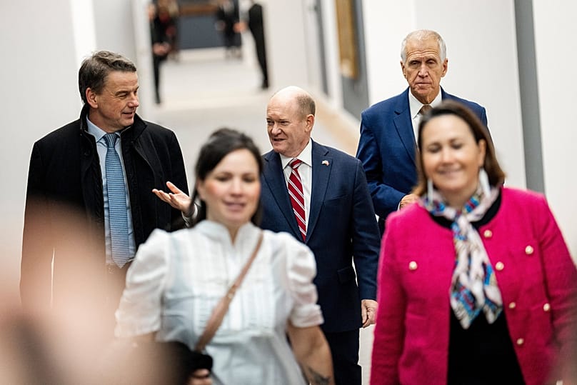 Chris Coons and Thom Tillis arrive as members of the Danish Parliament and a Greenlandic committee meet with US Congress members in Copenhagen, Friday, Jan. 16, 2026