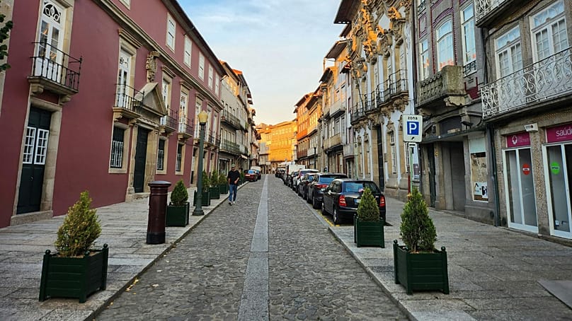 A colourful street in Guimarães, Portugal.