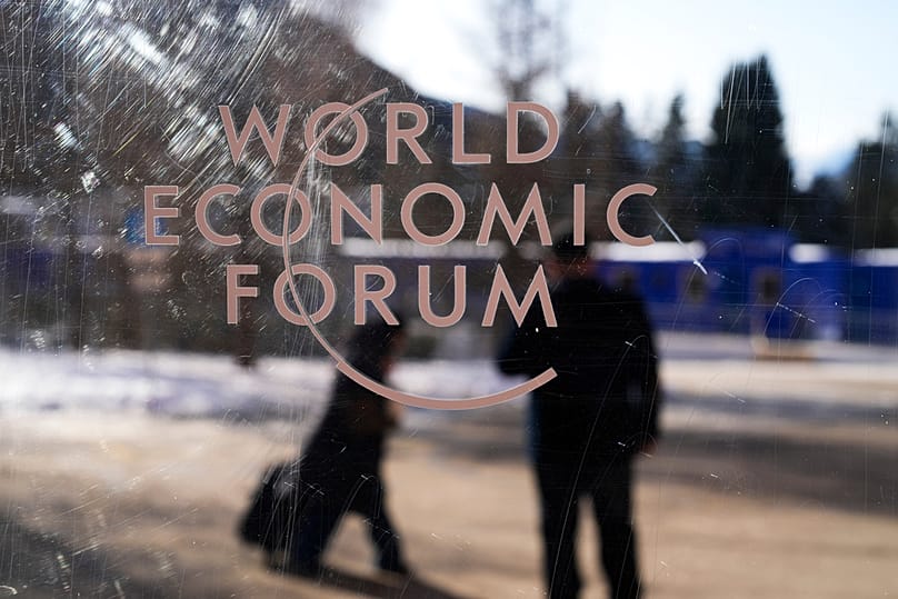The logo of the World Economy Forum is displayed on a window of the Congress Center where the Annual Meeting Forum takes place in Davos, 18 January 2026