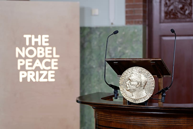 A view of the rostrum where the Nobel Committee announce the winner of the Nobel Peace Prize in Oslo, 10 October, 2025