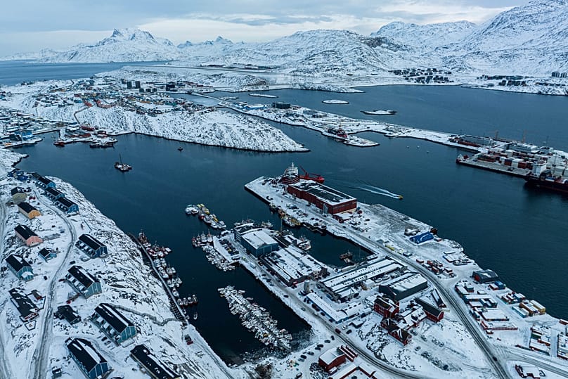 Boats are docked at the harbour of Nuuk, 22 January, 2026