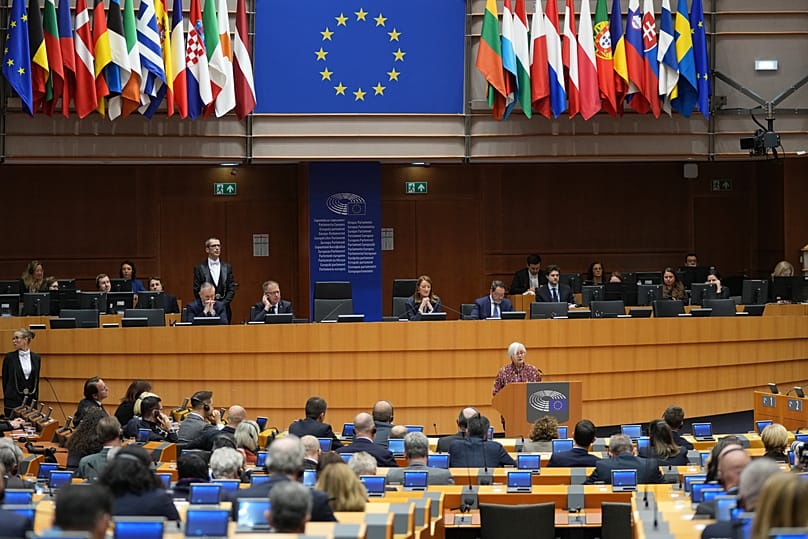 Holocaust survivor Tatiana Bucci from Italy speaks on International Holocaust Memorial Day at the European Parliament in Brussels, 27 January, 2026