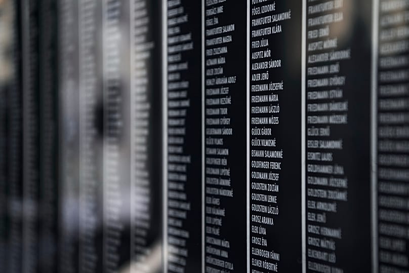 Names inscribed on the Victims' Wall during a memorial service in the Holocaust Memorial Centre in Budapest, 27 January, 2026