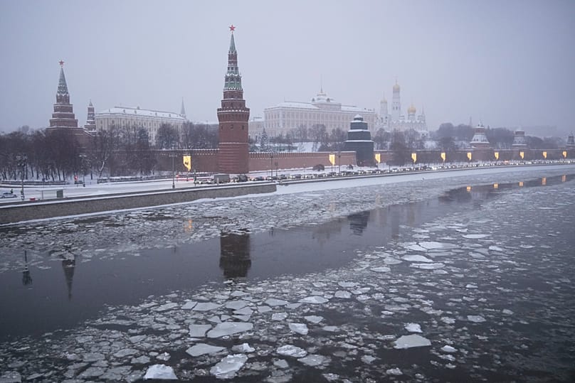 A view of the Kremlin and the ice-covered Moskva River during snowfall in Moscow, 29 January, 2026