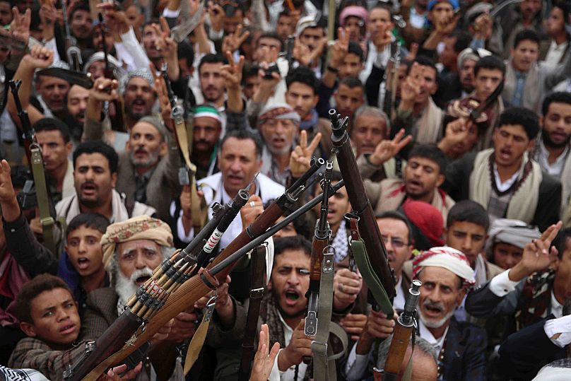 Houthi supporters chant slogans during an anti-US and anti-Israel rally in Sana’a, 4 July, 2025