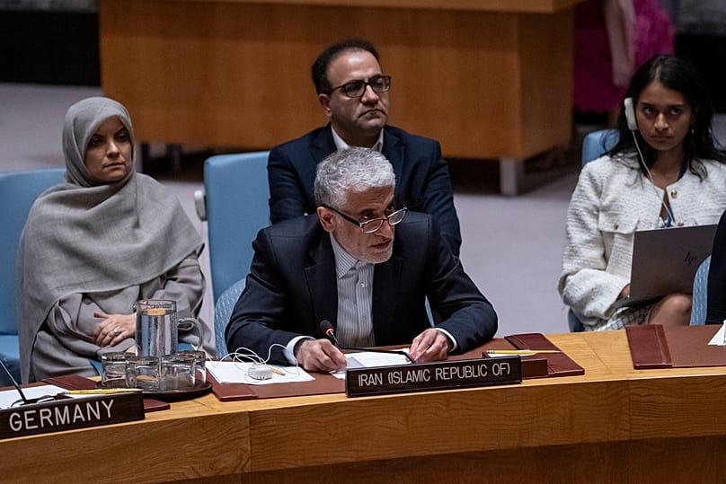 FILE - Iran's representatives to the United Nations during a Security Council meeting at the United Nations Headquarters, Tuesday, June 24, 2025