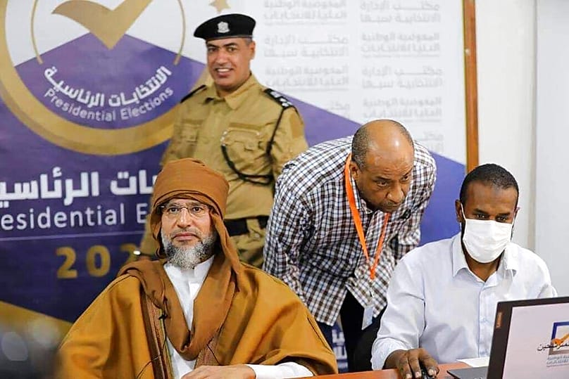 Seif al-Islam Gadhafi, son of late Libyan dictator Moammar Gadhafi registering his candidacy for the country's presidential elections next month in Sabha, Libya, Nov. 14, 2021