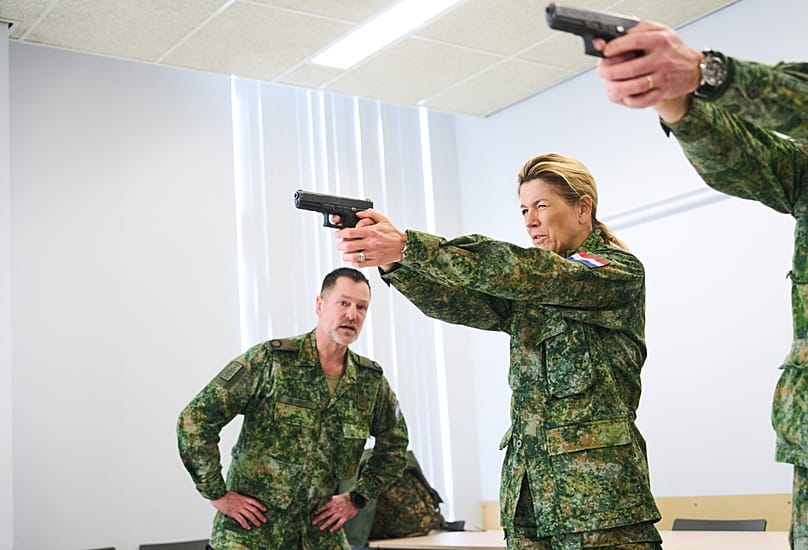 This image provided by the Netherlands Ministry of Defense shows Queen Máxima beginning training as a reservist for the Royal Netherlands Army, Feb. 4, 2026, in Breda.