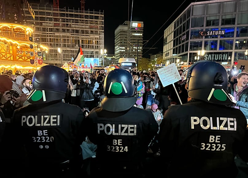 Police officers confront demonstrators at a pro-Palestinian rally on Thursday, October 2, 2025, in Berlin, Germany.