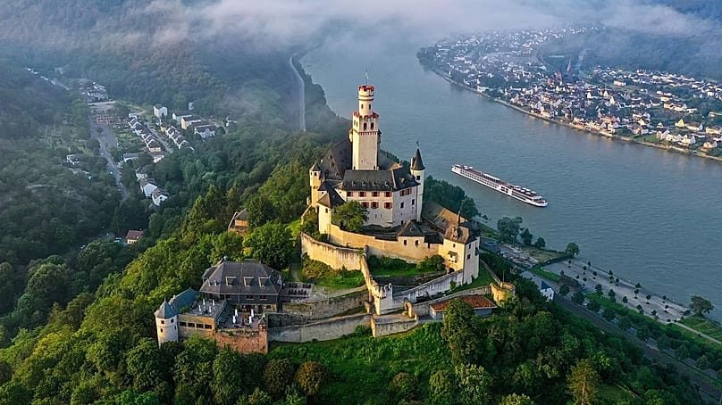 Viking longship on the Rhine River