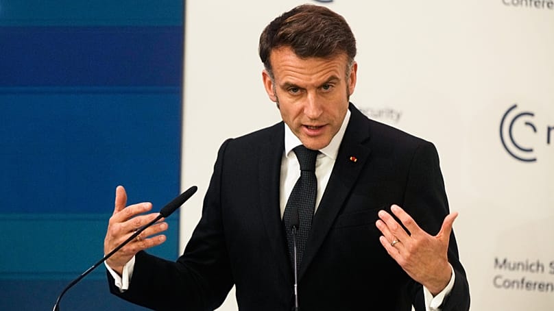 French President Emmanuel Macron addresses the audience during a session at the Munich Security Conference in Munich, Germany, 13 Feb 2026.