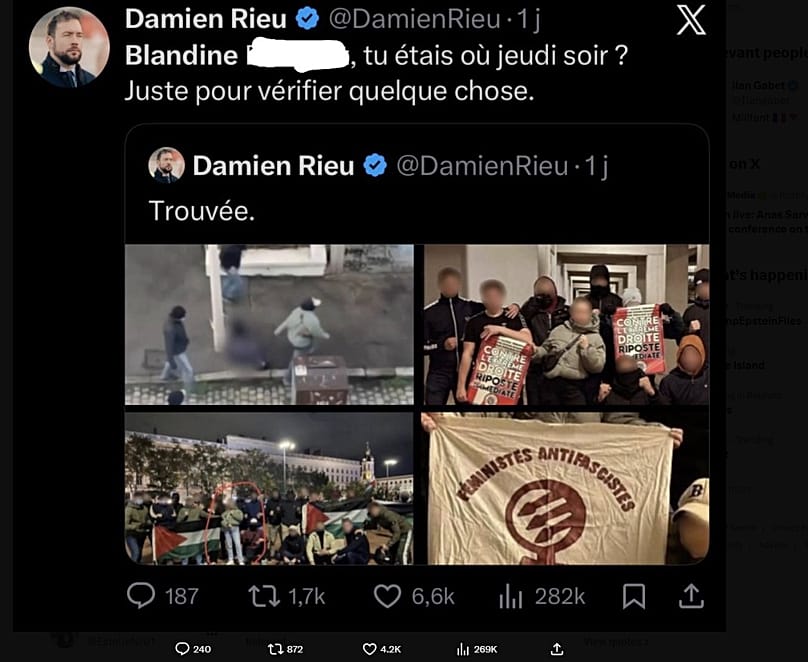 Damien Rieu, far-right activist's now deleted X post