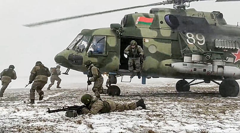 FILE - soldiers take part in joint drills between Belarus and Russia at Brestsky firing range in Belarus, Feb. 4, 2022