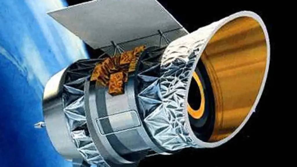 Illustration des IRAS-Weltraumteleskops, das das Universum im Infrarot erforschte.