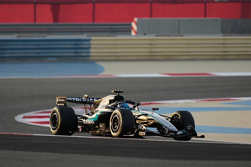 Mercedes driver George Russell on track during a F1 pre-season test in Sakhir, Bahrain, 2026.