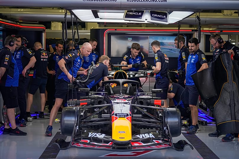 Red Bull mechanics prepare driver Max Verstappen’s car during a F1 pre-season test in Sakhir, Bahrain, 2026.