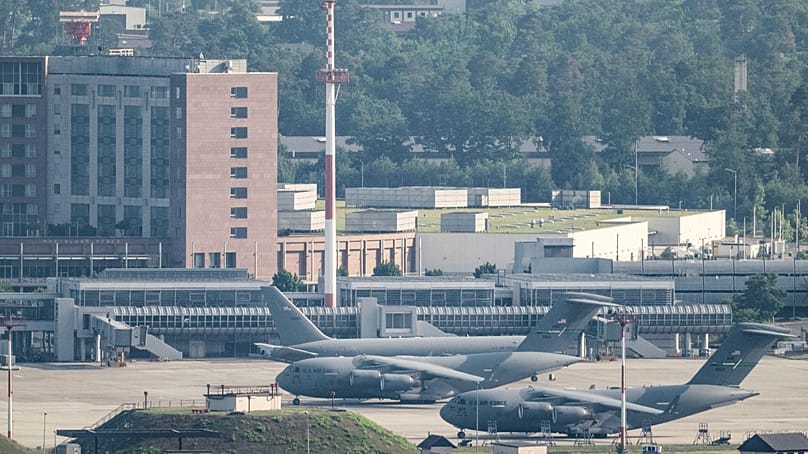 US Air Force transport aircraft on the tarmac at Ramstein Air Force Base in Landstuhl, Germany, on 23 June 2025