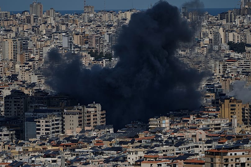 Smoke rises following an Israeli airstrike in Dahiyeh, Beirut's southern suburbs, Lebanon, Monday, March 9, 2026