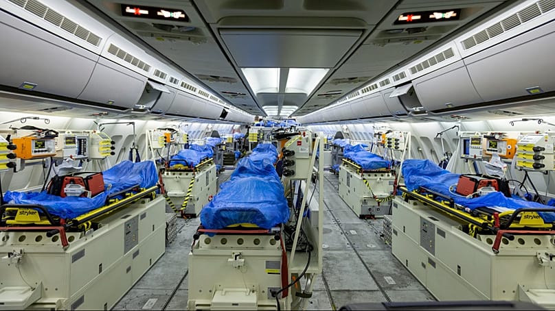 An Airbus A310 medevac aircraft will be prepared in Cologne on 28 March 2020 for the transport of six COVID-19 patients from northern Italy to Germany