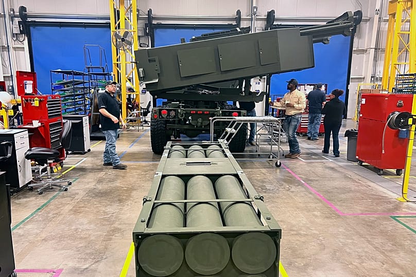 FILE: An M270 Multiple Launch Rocket System (MLRS) is assembled at Lockheed Martin's weapons plant, Camden, AK, 14 March 2024