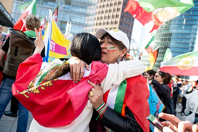 Iranian protesters at a demonstration on Potsdamer Platz in Berlin, 28 February 2026
