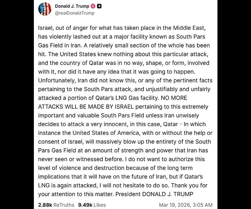Screen grab of latest post by US President Donald Trump on Truth Social, Thursday, 19 March, 2026