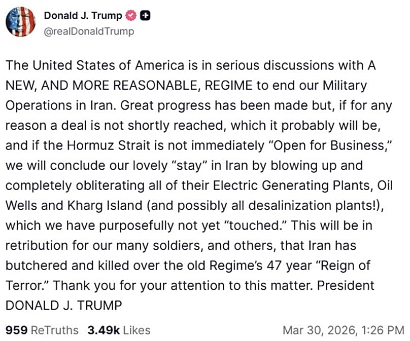 A screenshot of Donald Trump's Truth Social account, 30 March, 2026