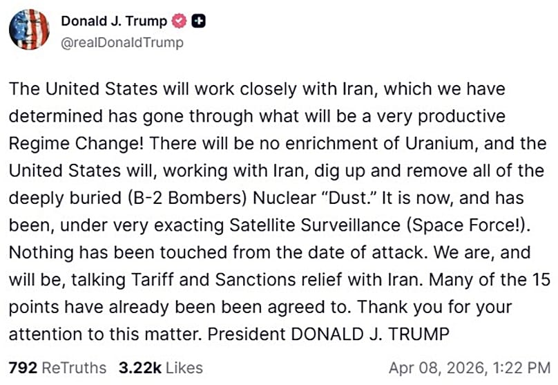 A screenshot of a post on US President Donald Trump's Truth Social account, 8 April, 2026