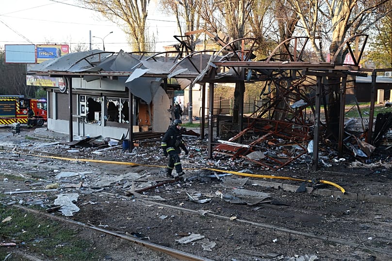 A public transport station destroyed by Russia's drone attack is seen in Zaporizhzhia, 15 April, 2026