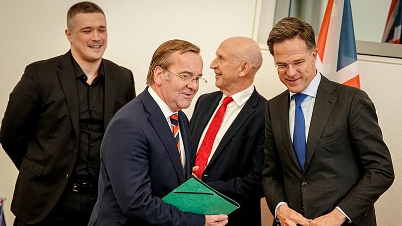 NATO chief Mark Rutte, Ukraine’s Mykhailo Fedorov, Germany’s Boris Pistorius and UK Defence Secretary John Healey at a Ukraine Contact Group photo in Berlin, April 15, 2026