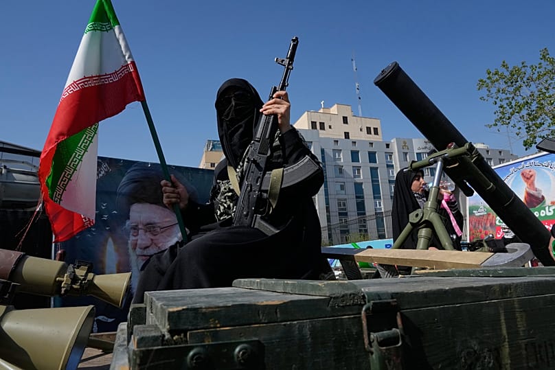 A female member of the Basij paramilitary force during a state-organised rally in Tehran, 17 April, 2026