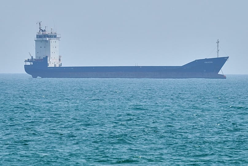 A tanker sits anchored in the Strait of Hormuz off the coast of Qeshm Island, Iran, Saturday, April 18, 2026