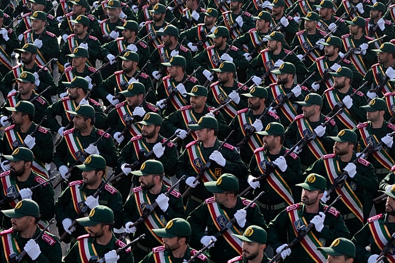 Iranian Revolutionary Guard cadets march during an annual military parade just outside Tehran, 21 September, 2024