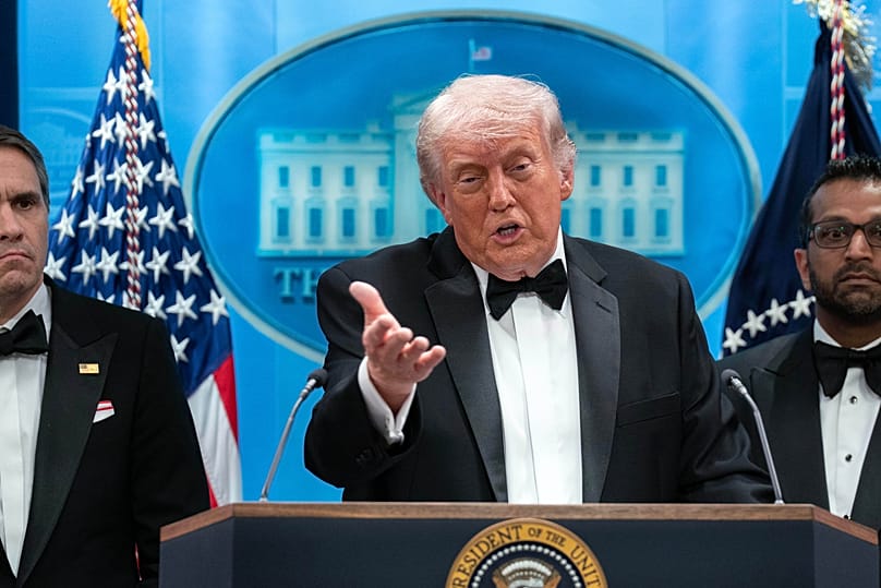 US President Donald Trump gestures as he speaks in the James Brady Press Briefing Room at the White House, 25 April, 2026