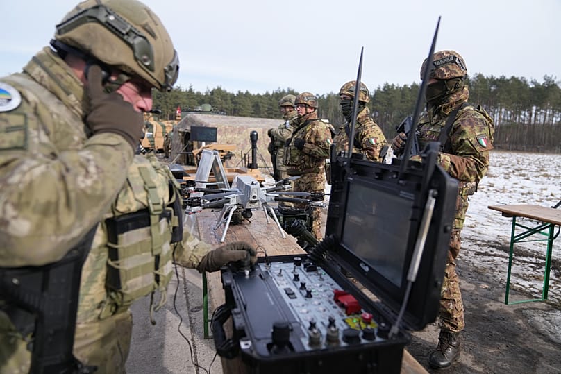 A soldier prepares to pilot an SR-X4 drone during a static display as part of NATO led military exercises at a military base near Bergen, 19 February, 2026